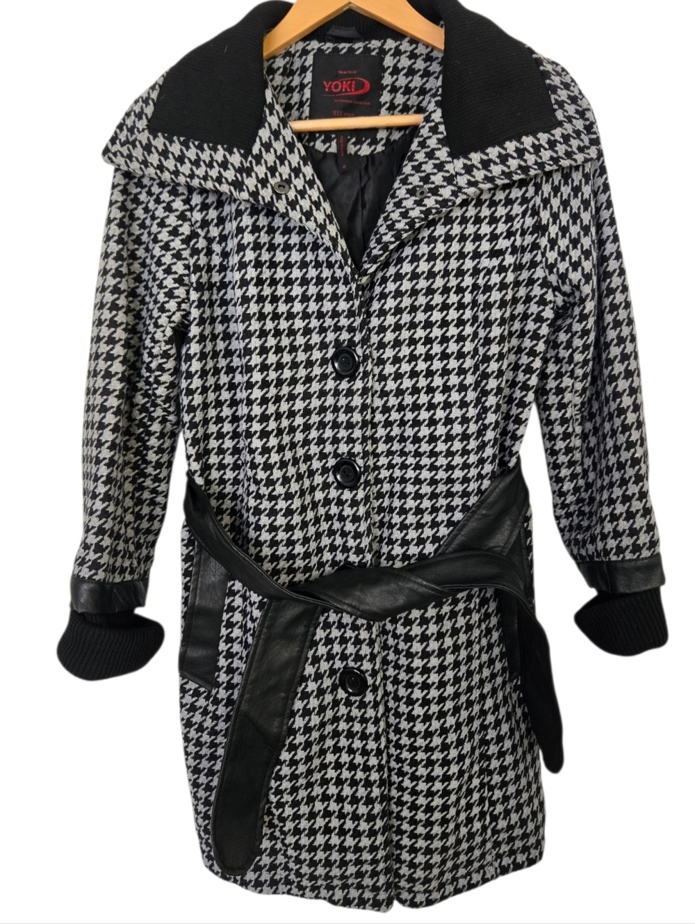 Y2K YOKI Houndstooth Belted Coat Black White Faux Leather Trim Medium - Picture 2 of 10